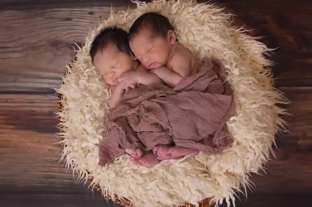 twins sleeping in a basket